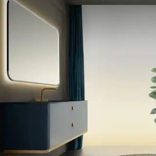 VITAGE milldue edition TAILOR Комплект мебели с базой, ручки сатинированное золото, интегрированной стеклянной раковиной ASPEN, зеркалом BEND с подсветкой, 141см, лак высокий глянец, подвесной, Цвет: zaffiro-137