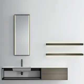 NOORTH milldue edition FJORD Комплект мебели 181.2см в матовом лаке, металле, стекле, с интегрированной раковиной из milltek solid, 2-мя полками с подсветкой, зеркалом с подсветкой подвесной, Цвет: castoro-11/bazalto-338/fumo