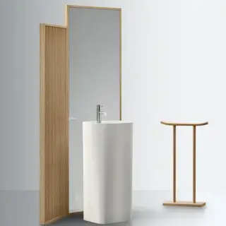 NOORTH milldue edition AZUMA Комплект 127см из напольной ширмы в матовом шпоне с зеркалом и напольной раковины из Cristalplant, цвет: rovere mezza fiamma-7777 / белый матовый