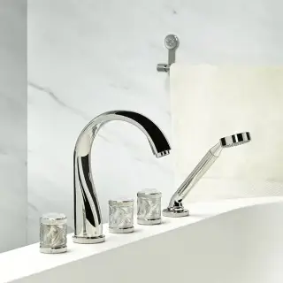 THG Hirondelles Platinum Stamped Смеситель на борт ванны, 5 отв., с ручным душем, цвет: Polished nickel