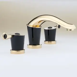 THG Bagatelle pierre noire Смеситель для раковины на 3 отверстия, с донным клапаном, ручки черные, цвет: полированное золото