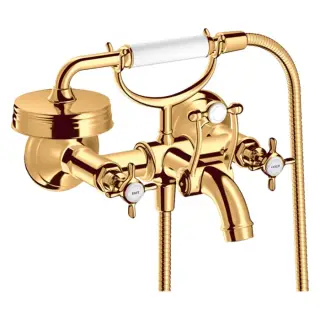 Axor Montreux Смеситель для ванны, 2 вентиля, ручной душ, шланг, излив, цвет: полированное золото 16540990