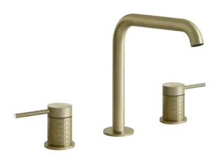 Смеситель для раковины Gessi316, на 3 отверстия, с изливом, без донного клапана, соединительные шланги, цвет Brushed Brass PVD