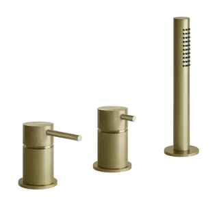 Смеситель для ванны Gessi316, на 3 отверстия, переключатель, налив через перелив, выдвижной ручной душ, шланг, цвет Brushed Brass PVD
