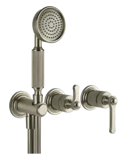 Смеситель Gessi Venti20, настенный, на 2 выхода с переключателем, выводом воды и держателем лейки, внешние части, цвет Finox Brushed Nickel