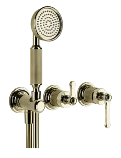 Смеситель Gessi Venti20, настенный, на 2 выхода с переключателем, выводом воды и держателем лейки, внешние части, цвет Brass PVD