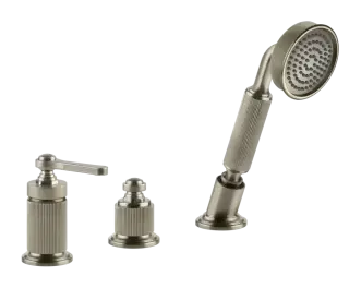 Смеситель для ванны Gessi Venti20, на 3 отверстия, с девиатором, вытяжным ручным душем, шлангом, налив через перелив, цвет Finox Brushed Nickel