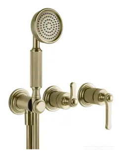 Смесителя Gessi Venti20, настенный на 2 выхода с переключателем, выводом воды и держателем лейки, внешние части, цвет Brushed Brass PVD