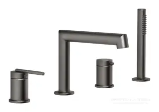 Смеситель для ванны Gessi Ingranaggio, на 4 отверстия, с каскадным изливом, переключатель, шланг, лейка, цвет Black Metal Brushed PVD