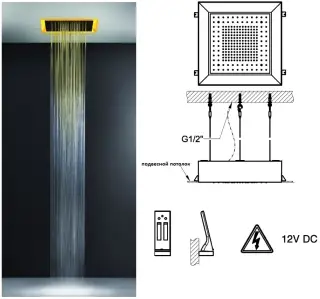 Скрытая часть душевой системы Gessi Afilo 500x500 мм, с режимом Тропический ливень и Хромотерапией, в комплекте пульт управления с держателем, цвет Matte White