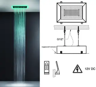 Скрытая часть душевой системы Gessi Afilo 300x500 мм, с режимом Тропический ливень и Хромотерапией, в комплекте пульт управления с держателем, цвет Matte White
