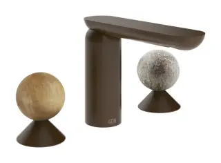 Смеситель для раковины Gessi Perle без донного клапана, с вентилями-сферами из камня Onyx Cola и муранского стекла Pulegoso Dark Bronze