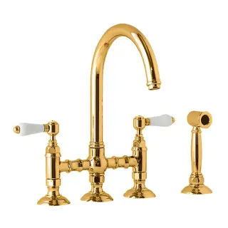 Смеситель для кухни, на 4 отв., с вытяжным ручным душем, цвет: Gold Brass