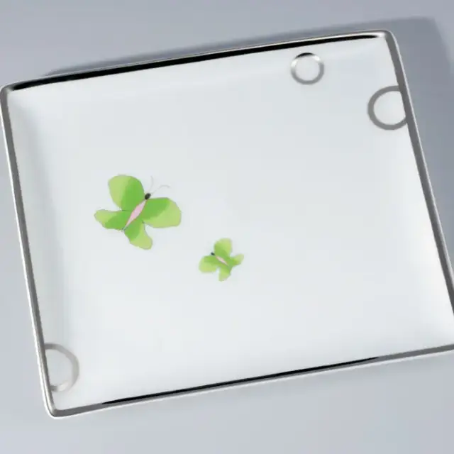 THG CAPUCINE VERT DECOR PLATINE Поднос керамический 220х198 мм., настольный, large size, декор платина/зеленый, цвет: белый