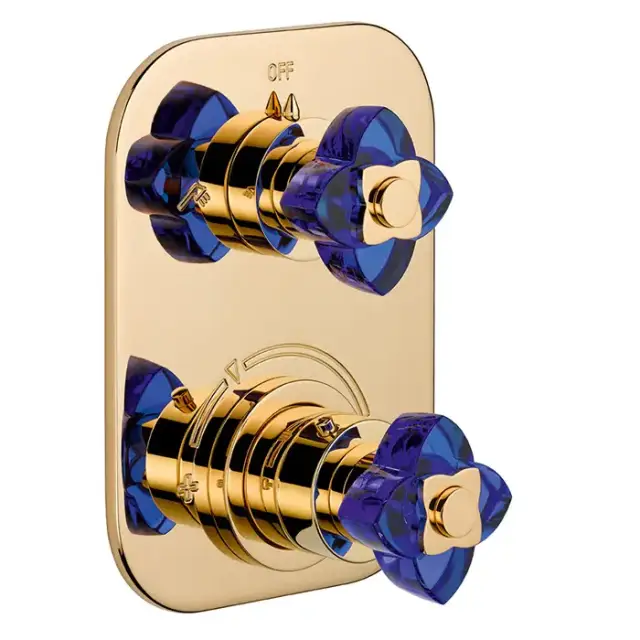 THG Pétale de cristal bleu Смеситель для душа, термостатический, с переключателем на 2 потока, цвет: золото/синий хрусталь