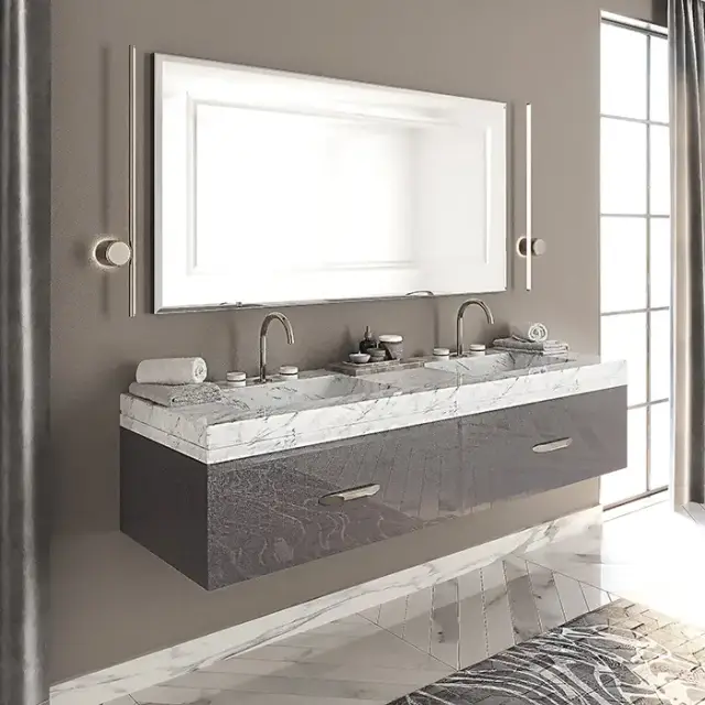 VITAGE milldue edition HILTON Тумба подвесная 180х56х32см, мраморная столешница с 2 раковинами, отделка: стекло twill smoke