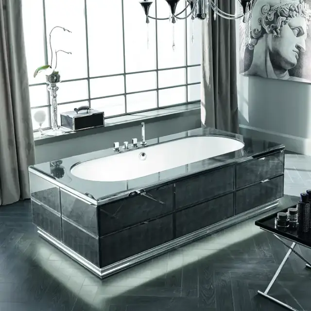 VITAGE milldue edition Ванна 180х75см, стальная, подача воды из водослива, в комплекте с сифоном, основанием стеклянным топом, отдельностоящая, цвет: белый/Alligator silver