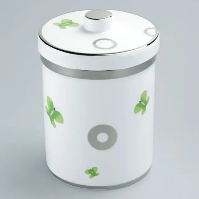THG CAPUCINE VERT DECOR PLATINE Банка керамическая с крышкой, настольная, декор платина/зеленый, цвет: белый