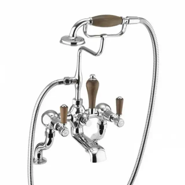 Burlington Regent Смеситель на борт ванны с изливом 13 см и ручным душем, цвет: хром/орех глянец KER19-QT WAL