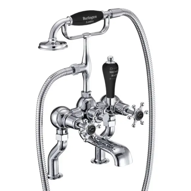 Burlington Birkenhead Смеситель на борт ванны, излив 13 см, ручной душ, цвет: хром/черный глянец BI15-QT BLA