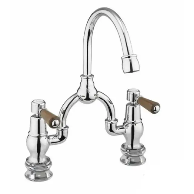 Burlington Bridge Смеситель для раковины на 2 отверстия, излив 20h см, цвет: хром/орех глянцевый KE27-QT WAL