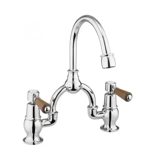Burlington Bridge Смеситель для раковины на 2 отверстия, излив 21h см, цвет: хром/орех глянцевый KE28-QT WAL