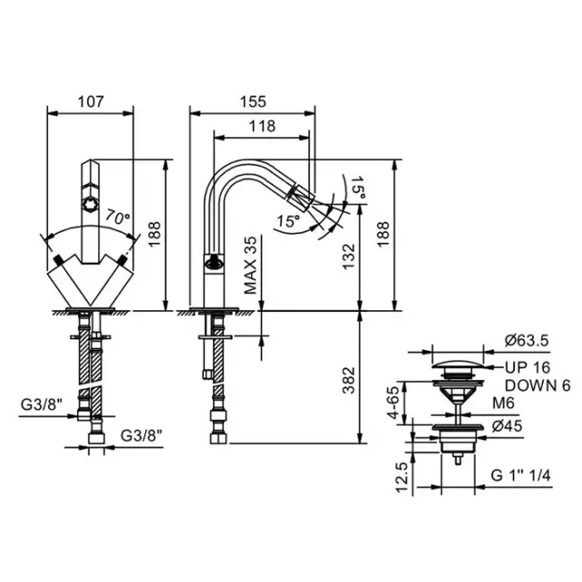 Fantini Venezia Смеситель для биде, 1 отв., излив 12 см, цвет мат. сталь 29 P5 N462SF