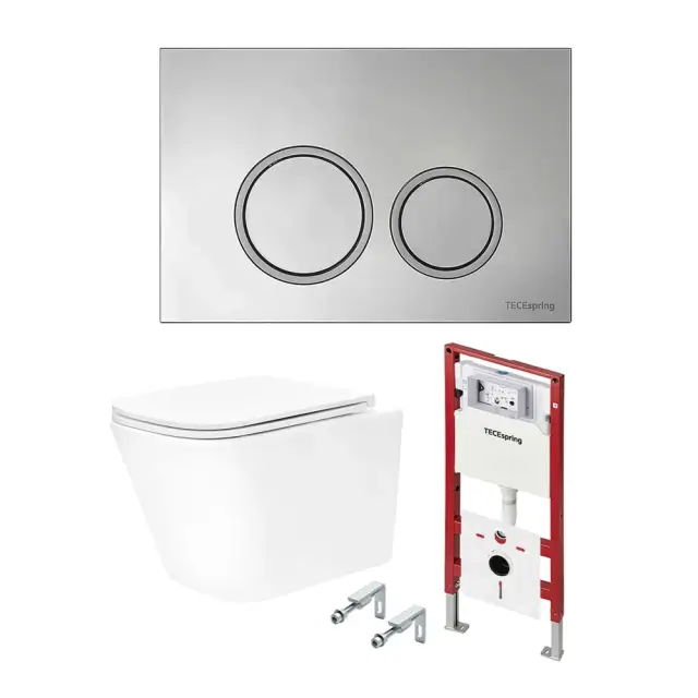 Tece Spring base Комплект: инсталляция, унитаз, кнопка круглая хром, крепления, цвет: белый глянцец K401101WCS