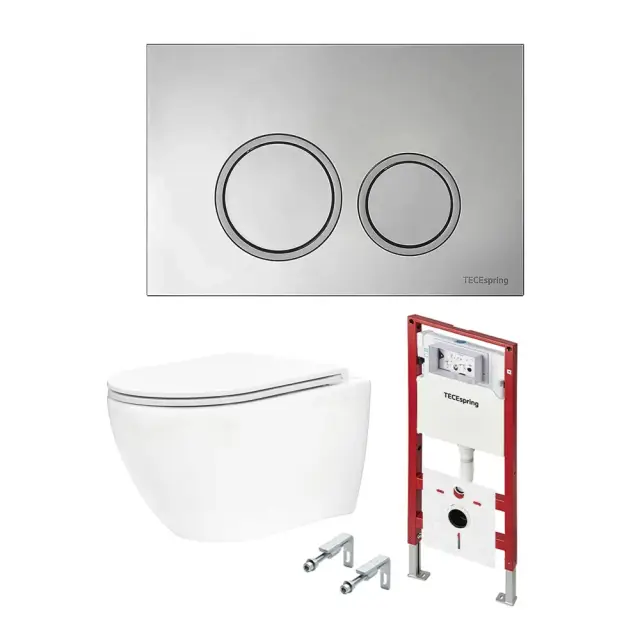 Tece Spring base Комплект: инсталляция, унитаз, кнопка круглая хром, крепления, цвет: белый глянцец K401101WCR