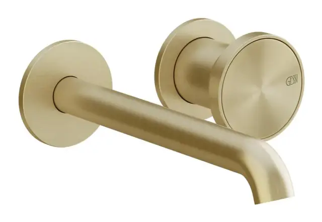 Смеситель для раковины Gessi Origini, настенный, со средним изливом, без донного клапана, цвет Brushed Brass PVD