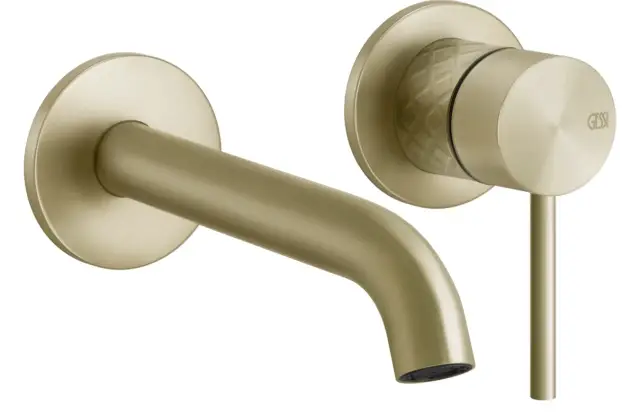 Смеситель для раковины Gessi316, настенный, со средним изливом, без донного клапана, внешние части, цвет Brushed Brass PVD