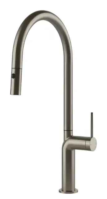 Cмеситель для кухни Gessi Stelo, h456 мм, с поворотным изливом и выдвижным ручным душем с двумя струями воды, цвет Finox Brushed Nickel