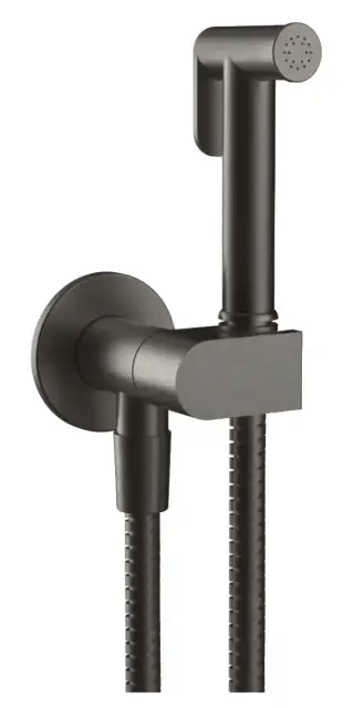 Гигиенический душ Gessi Tondo, с предохранительным клапаном, с лейкой, шлангом, шланговым подсоединением и держателем лейки, ширина 75 мм, цвет Black Metal Brushed PVD