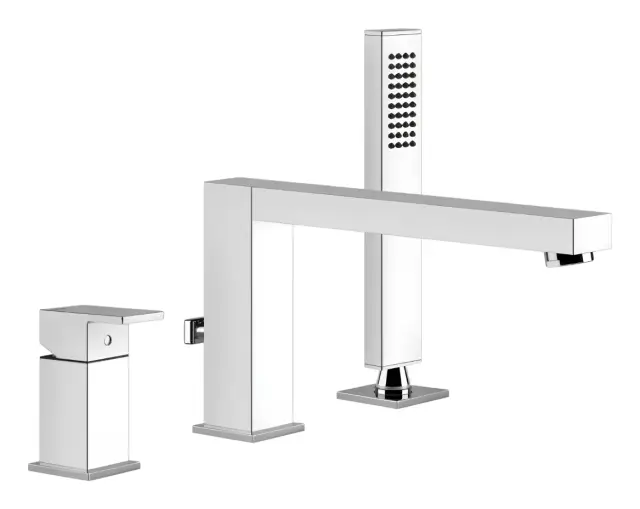 Смеситель для ванны Gessi Rettangolo, на 3 отверстия с переключателем, выдвижным ручным душем, шлангом, цвет Chrome