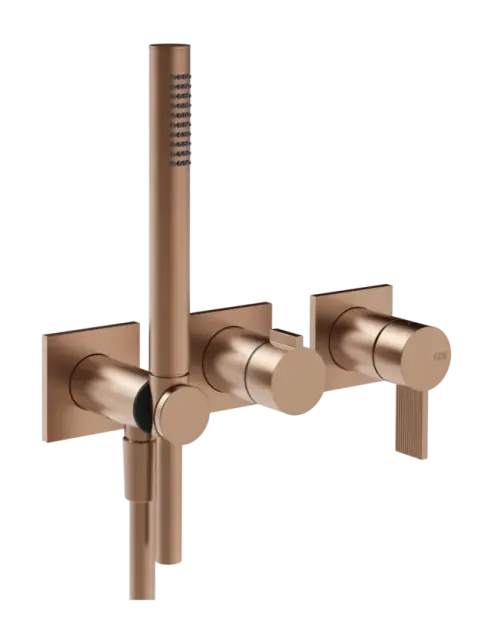 Cмеситель для душа Gessi Inverso, встраиваемый, настенный, на 2 выхода, с переключателем и ручным душем, внешняя часть, цвет Copper Brushed PVD