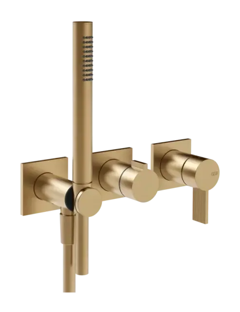 Cмеситель для душа Gessi Inverso, встраиваемый, настенный, на 2 выхода, с переключателем и ручным душем, внешняя часть, цвет Warm Bronze Brushed PVD