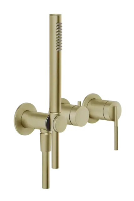 Смеситель для ванны Gessi Ingranaggio, настенный, на 2 потребителя, с ручным душем, встраиваемый, цвет Brushed Brass PVD
