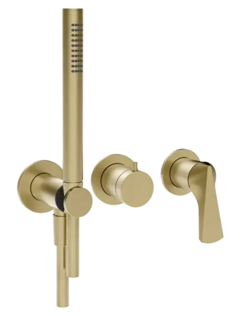 Смеситель для душа Gessi Ventaglio, встраиваемый, настенный, на 2 выхода, с ручным душем и переключателем, внешние части, цвет Brushed Brass PVD