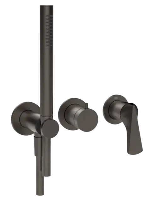 Смеситель для душа Gessi Ventaglio, встраиваемый, настенный, на 2 выхода, с ручным душем и переключателем, внешние части, цвет Black Metal Brushed PVD