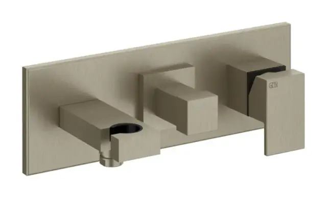 Смеситель Gessi Rettangolo, встраиваемый, однорычажный, дивертор на 2 выхода, шланговое подсоединение, держатель душевой лейки, внешняя часть, цвет Finox Brushed Nickel
