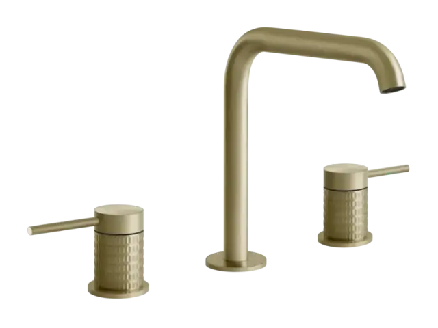 Смеситель для раковины Gessi316, на 3 отверстия, с изливом, без донного клапана, соединительные шланги, цвет Brushed Brass PVD