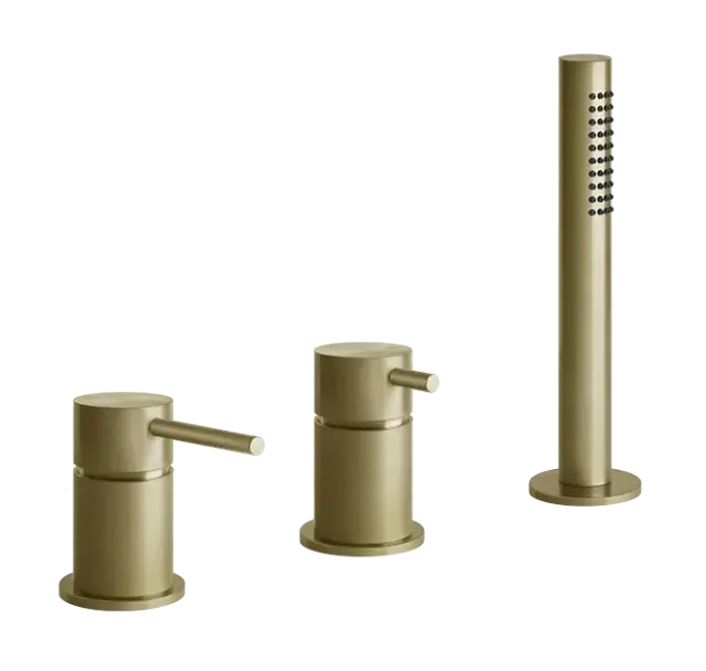 Смеситель для ванны Gessi316, на 3 отверстия, переключатель, налив через перелив, выдвижной ручной душ, шланг, цвет Brushed Brass PVD