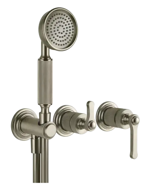 Смеситель Gessi Venti20, настенный, на 2 выхода с переключателем, выводом воды и держателем лейки, внешние части, цвет Finox Brushed Nickel