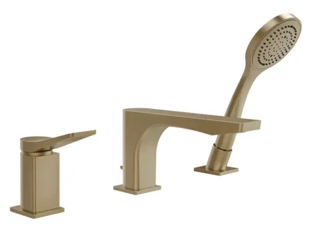 Смеситель для ванны Gessi Rilievo, на 3 отверстия с переключателем, изливом, выдвижным ручным душем, цвет Warm Bronze Brushed PVD