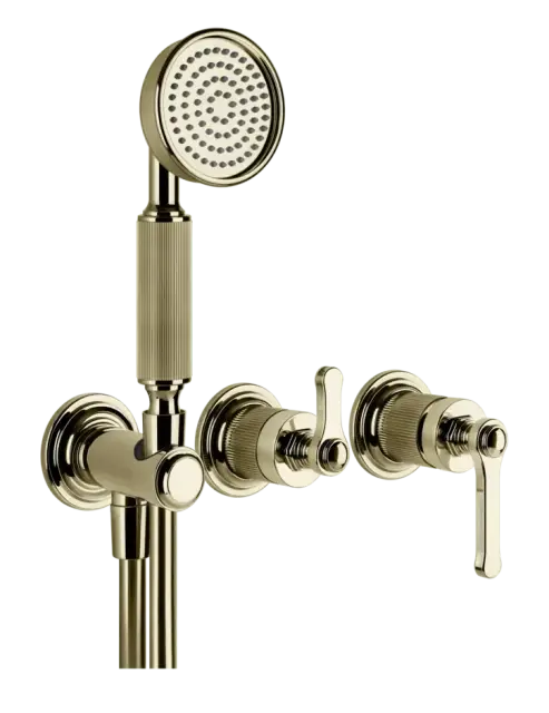 Смеситель Gessi Venti20, настенный, на 2 выхода с переключателем, выводом воды и держателем лейки, внешние части, цвет Brass PVD