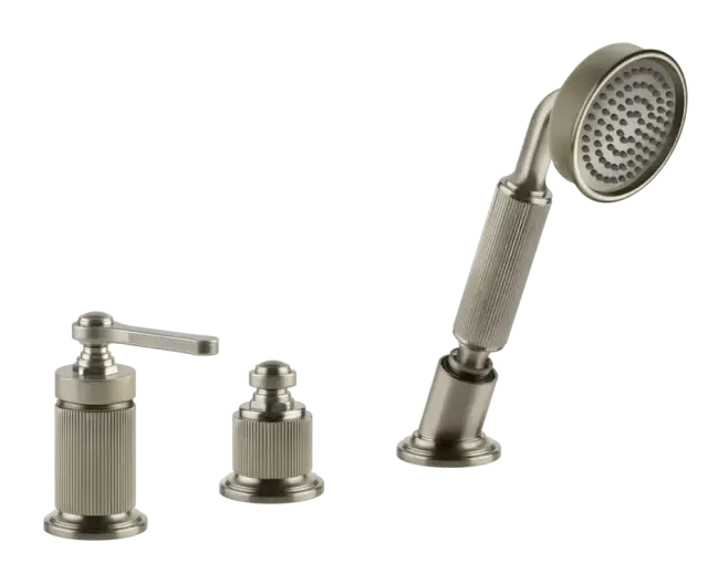 Смеситель для ванны Gessi Venti20, на 3 отверстия, с девиатором, вытяжным ручным душем, шлангом, налив через перелив, цвет Finox Brushed Nickel