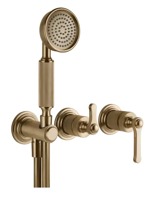 Смеситель Gessi Venti20, настенный, на 2 выхода с переключателем, выводом воды и держателем лейки, внешние части, цвет Warm Bronze Br. PVD