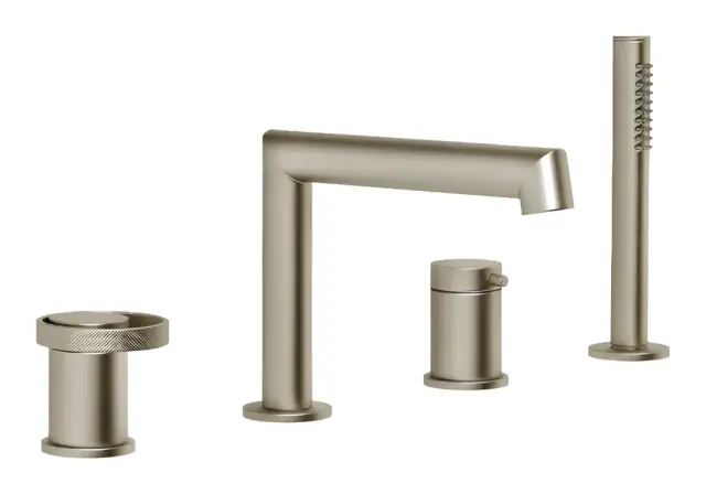 Cмеситель для ванны Gessi Anello, на 4 отверстия, с изливом, ручным душем, девиатором, лейкой, цвет Finox Brushed Nickel