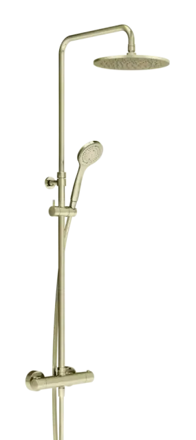 Душевая система Gessi Minimalistic Shower, настенный термостат, стойка с верхним душем Ø250 мм, автоматический переключатель, шланг, ручная лейка, цвет Brass PVD