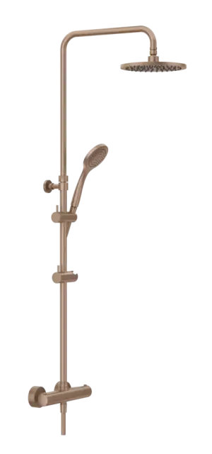 Душевая система Gessi Minimalistic Shower, настенный термостат, стойка с верхним душем Ø200 мм, автоматический переключатель, шланг, ручная лейка, цвет Copper Brushed PVD